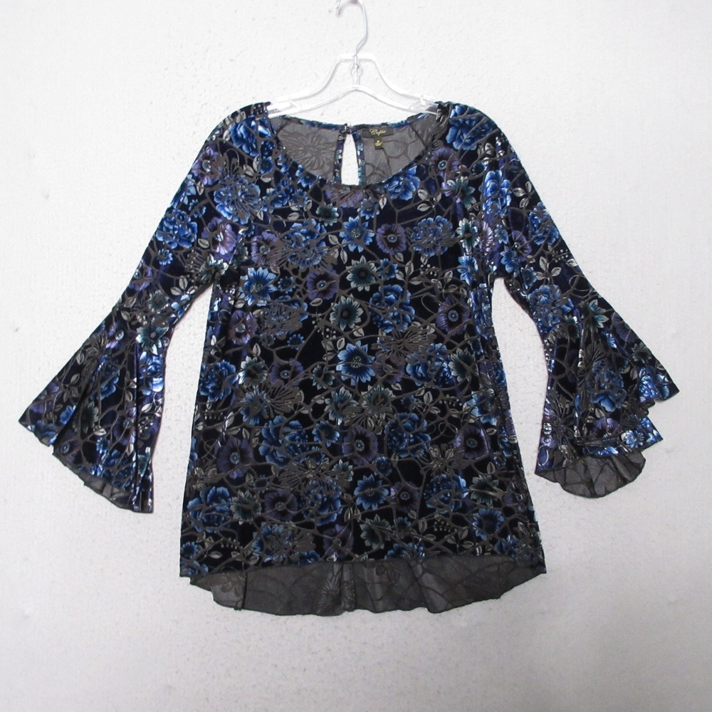 Cupio Top Dark Floral Velvet Burnout Whimsigoth Fairy Grunge Bell Sleeve Y2K